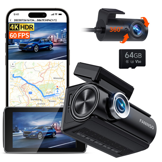 Faninso Dual Dash Cam Front and Rear, 4K/2.5K 60FPS, Full HD Dash Camera for Cars with Free 64GB Card, Built-in 5GHz WiFi, GPS, Audio Alert, Super Night Vision, 24H Parking Mode