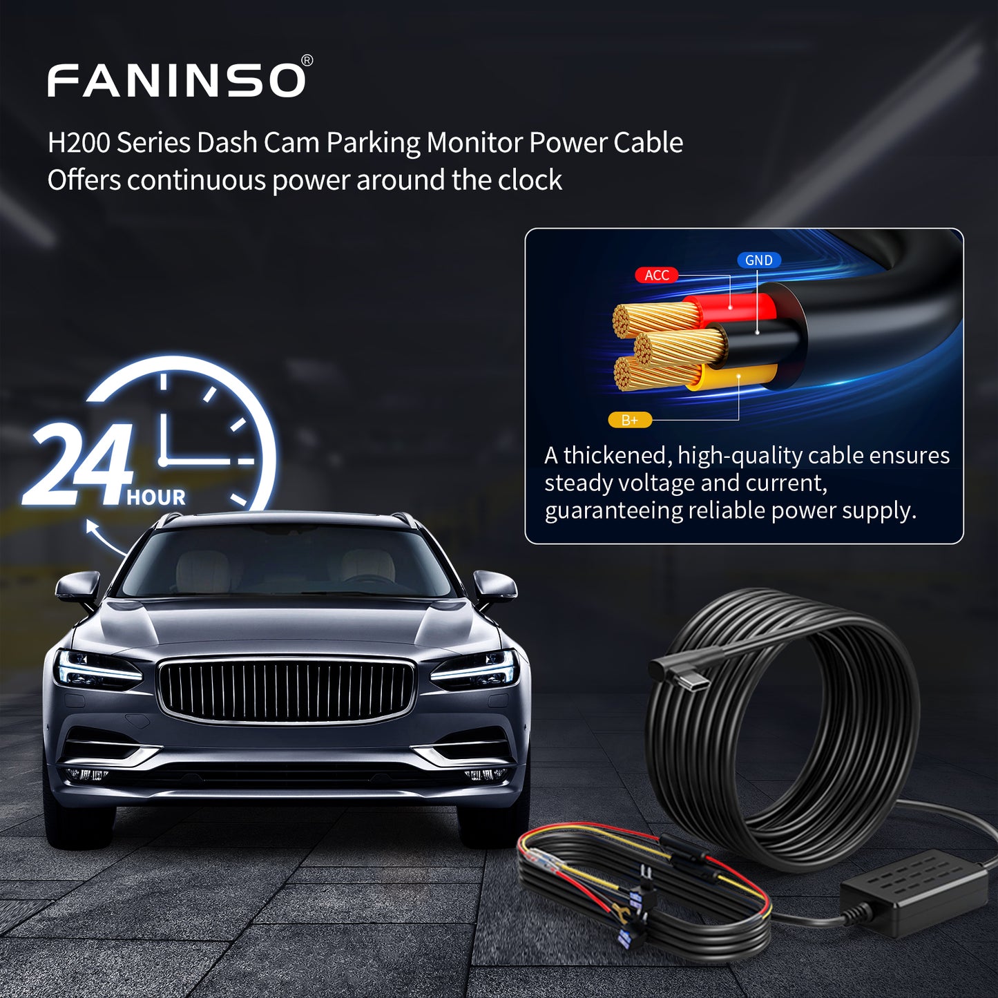 Faninso PK05 Parking Monitor Power Cable,for H200 Series Dash Cam, Type-C Hardwire Kit, 12-24V Input/5V 3A Output, with Triple Protection Design Against Low Voltage, Overcurrent, and Short Circuit