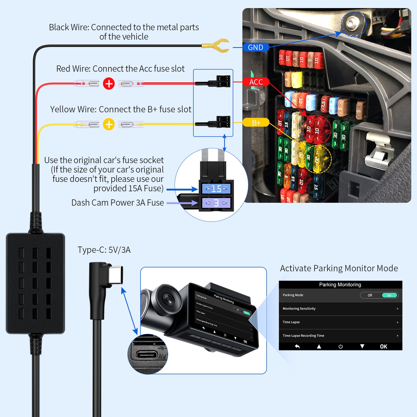 Faninso PK05 Parking Monitor Power Cable,for H200 Series Dash Cam, Type-C Hardwire Kit, 12-24V Input/5V 3A Output, with Triple Protection Design Against Low Voltage, Overcurrent, and Short Circuit