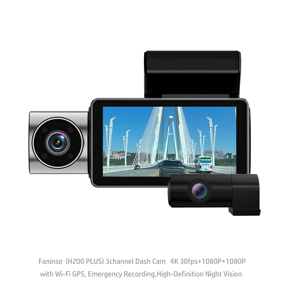 Faninso  H200 PLUS 3channel Dash Cam   4K 30fps+1080P+1080P    with Wi-Fi GPS, Emergency Recording,High-Definition Night Vision